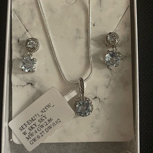 Jewelry - 3CT Blue Topaz & Diamond Pendant Necklace and Earrings Sterling Silver Set 925